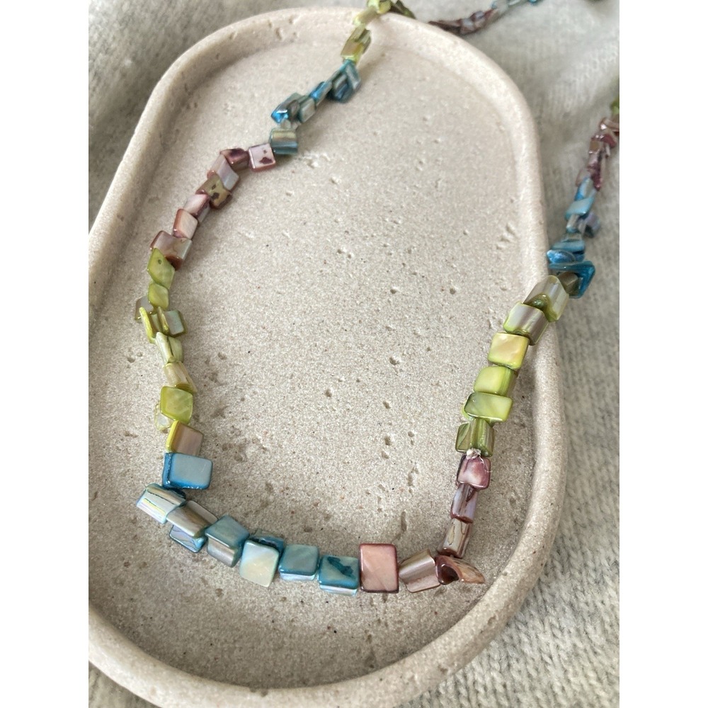 Multicolor Shell Chip Bead Necklace Square MOP Beads Beachy Coastal Rainbow Long